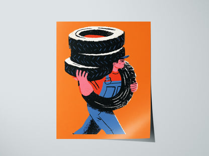 Mechanic Carries Tires Poster | Orange and Blue Illustrative Art Print | Workshop Wall Art — print detail on fine art paper