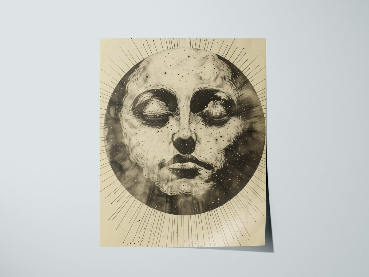 Ink Sun Face Poster | Black and Cream Pen and Ink Art Print | Dark Academia Wall Art — print detail on fine art paper