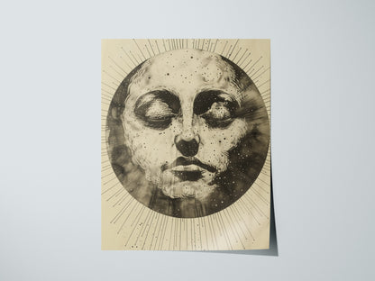 Ink Sun Face Poster | Black and Cream Pen and Ink Art Print | Dark Academia Wall Art — print detail on fine art paper