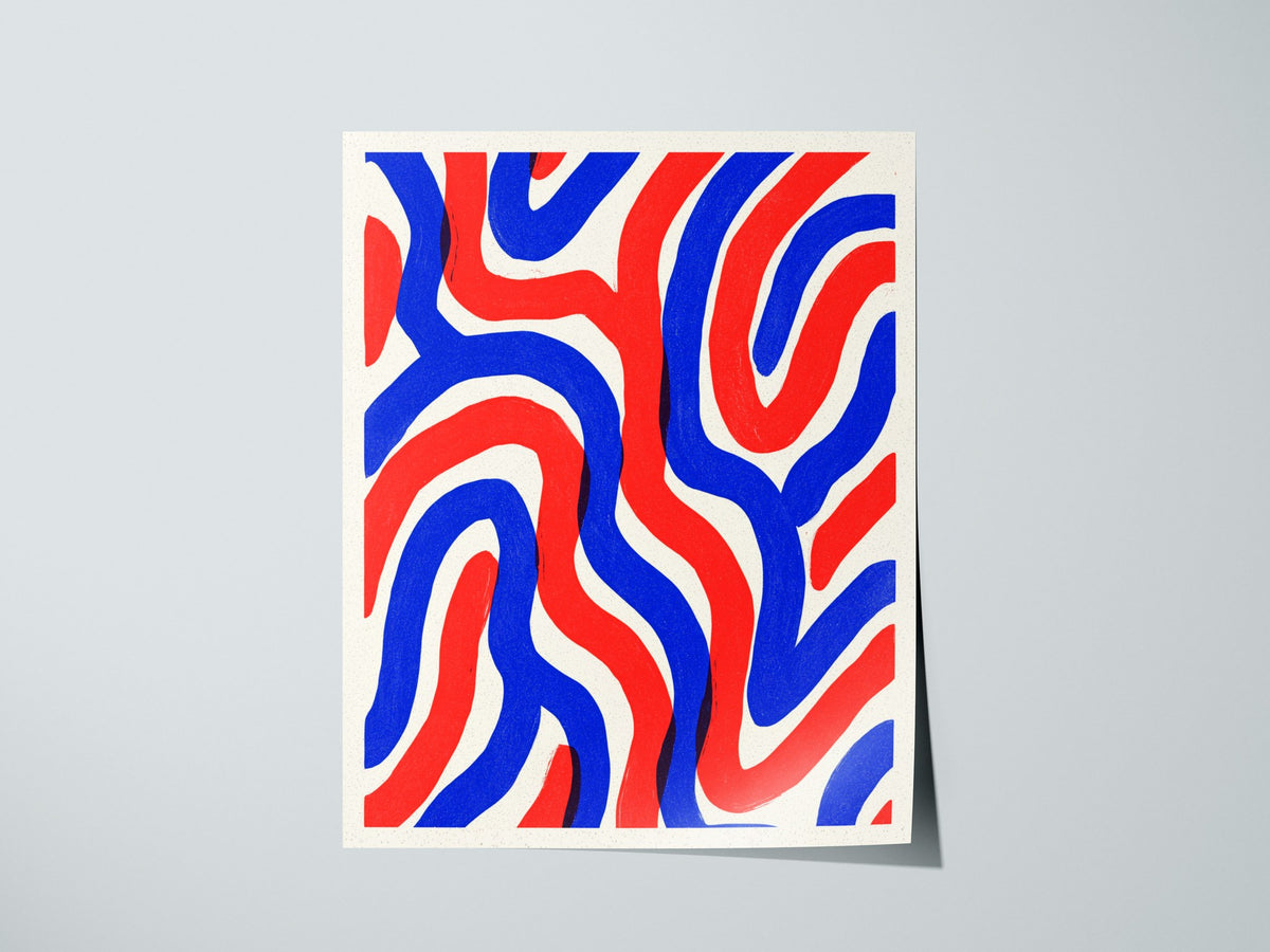 Woven Currents Poster | Coral and Cobalt Abstract Art Print | Modern Coastal Wall Art — print detail on fine art paper
