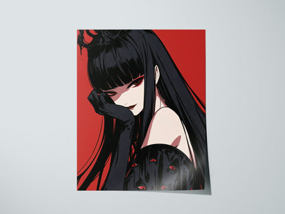 Demon Queen Watches Poster | Red and Black Illustrative Art Print | Dark Fantasy Wall Art — print detail on fine art paper