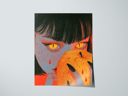 Devil Bites Apple Poster | Coral and Yellow Illustrative Art Print | Dark Fantasy Wall Art — print detail on fine art paper