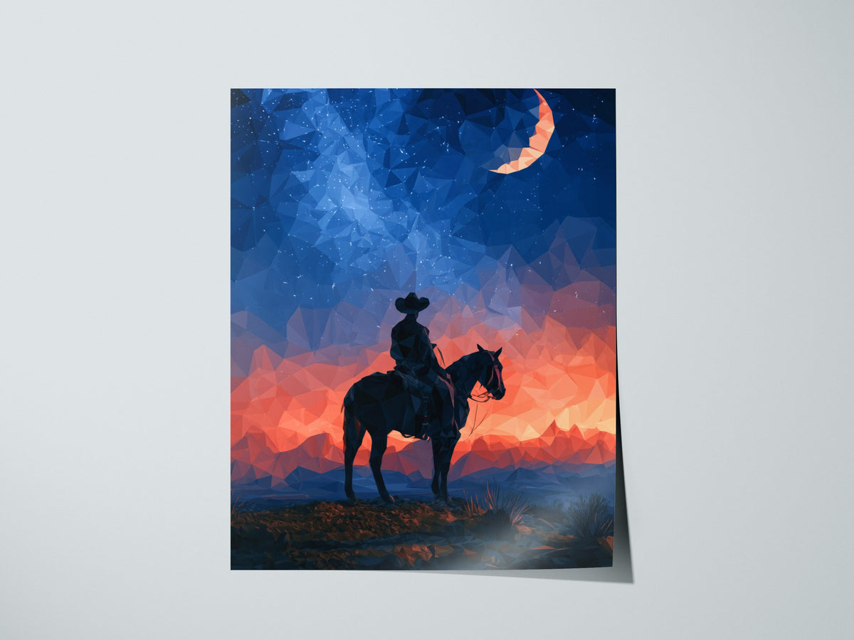 Cowboy Owns Night Poster | Deep Blue Low Poly Art Print | Western Modern Wall Art — print detail on fine art paper