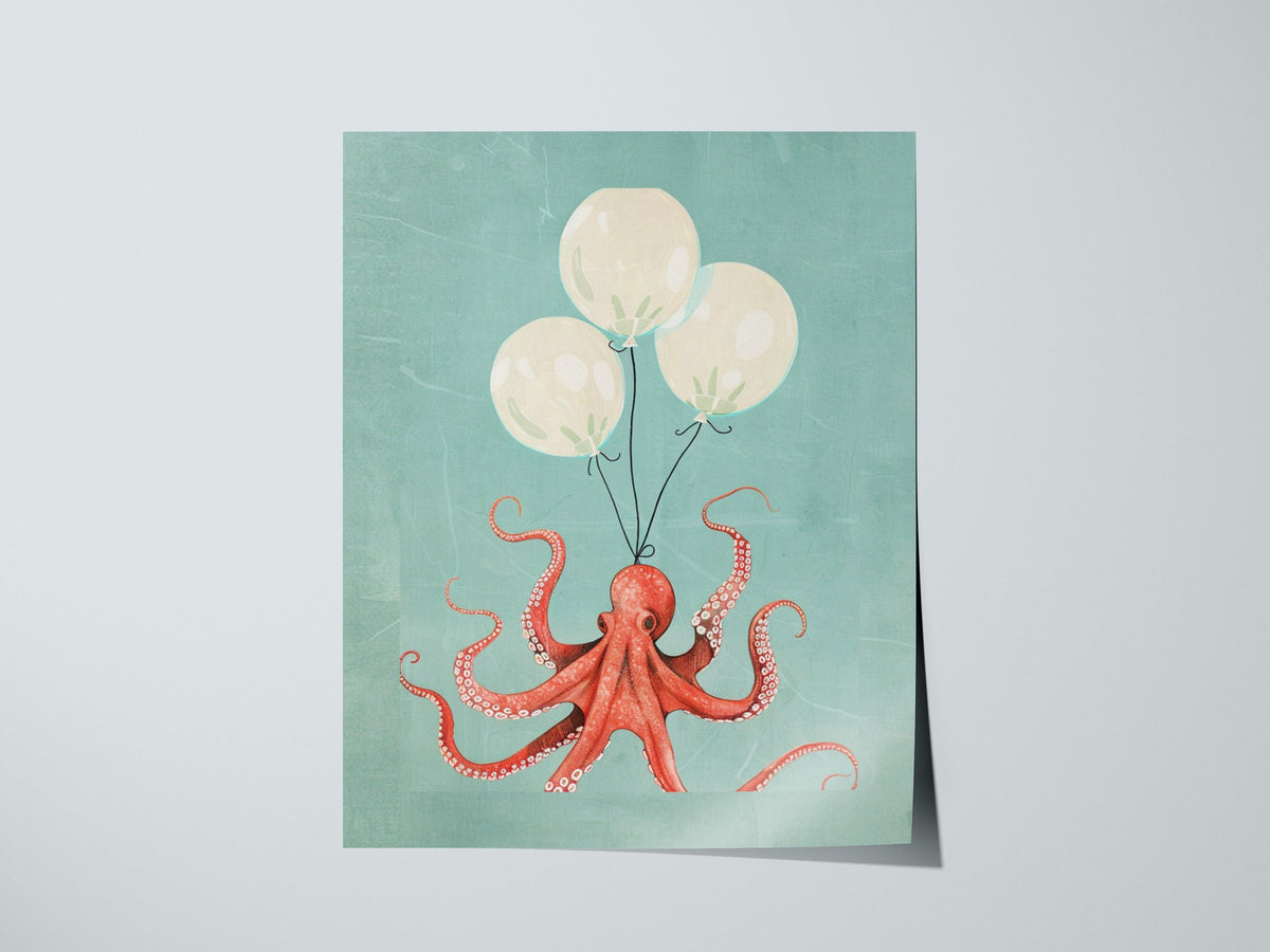 Balloon Octopus Poster | Coral and Teal Illustrative Art Print | Surrealist Wall Art — print detail on fine art paper