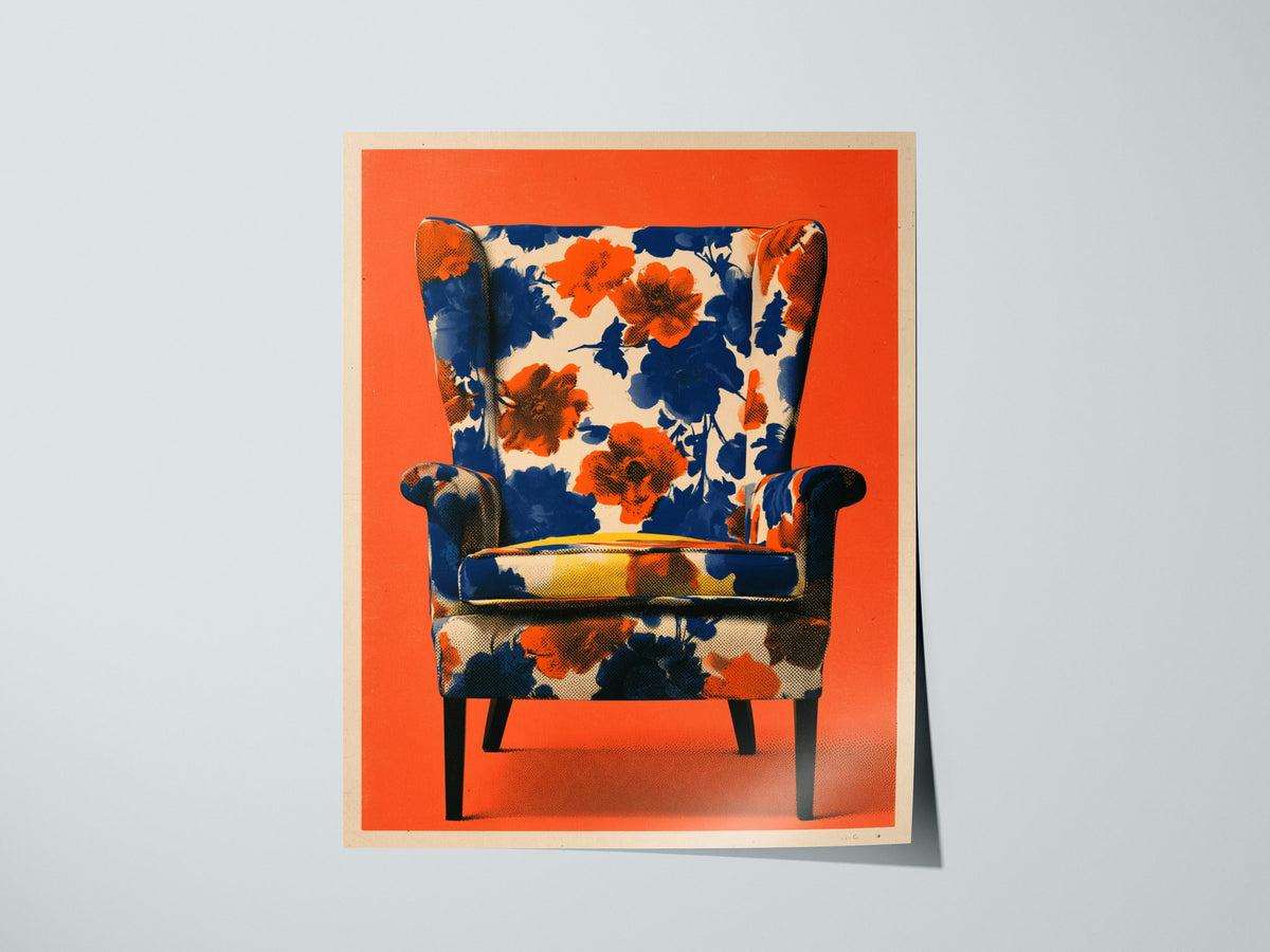 Armchair Blooms Poster | Cobalt and Coral Screen Print Art Print | Mid-Century Wall Art — print detail on fine art paper