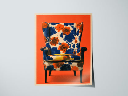 Armchair Blooms Poster | Cobalt and Coral Screen Print Art Print | Mid-Century Wall Art — print detail on fine art paper