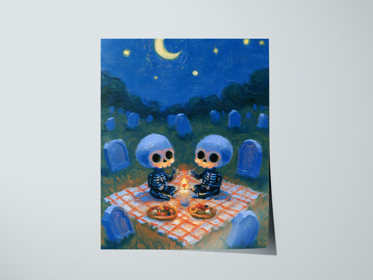 Skeleton Picnic Poster | Cobalt and Red Oil Painting Art Print | Goth Wall Art — print detail on fine art paper