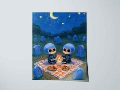 Skeleton Picnic Poster | Cobalt and Red Oil Painting Art Print | Goth Wall Art — print detail on fine art paper