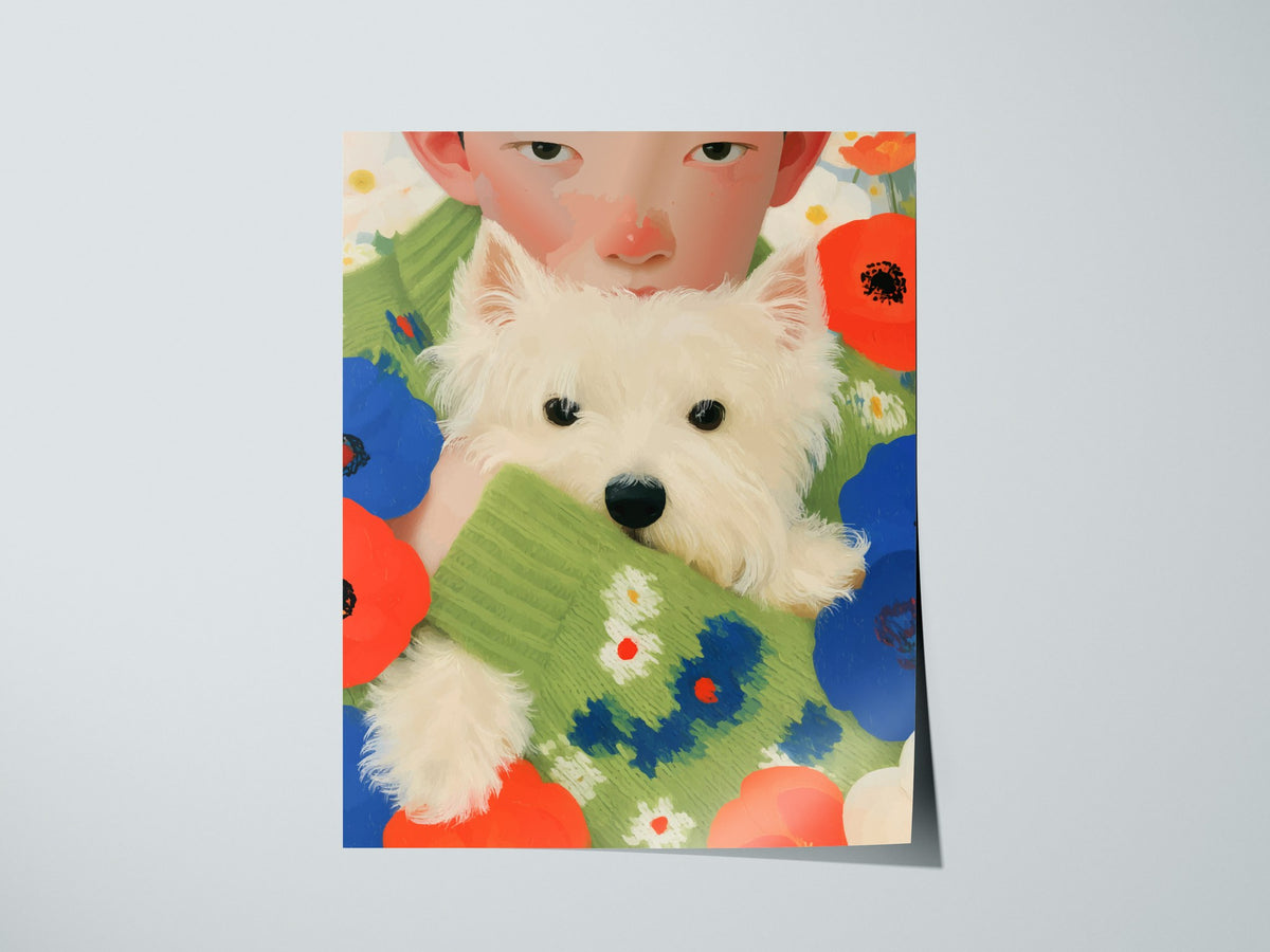 Boy With Westie Poster | Blue and Green Illustrative Art Print | Contemporary Wall Art — print detail on fine art paper