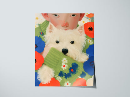 Boy With Westie Poster | Blue and Green Illustrative Art Print | Contemporary Wall Art — print detail on fine art paper
