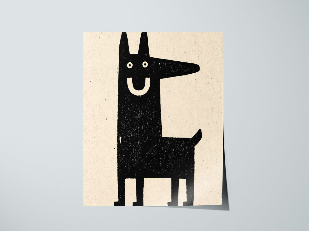Grinning Dog Poster | Black and Cream Screen Print Art Print | Folk Art Wall Art — print detail on fine art paper