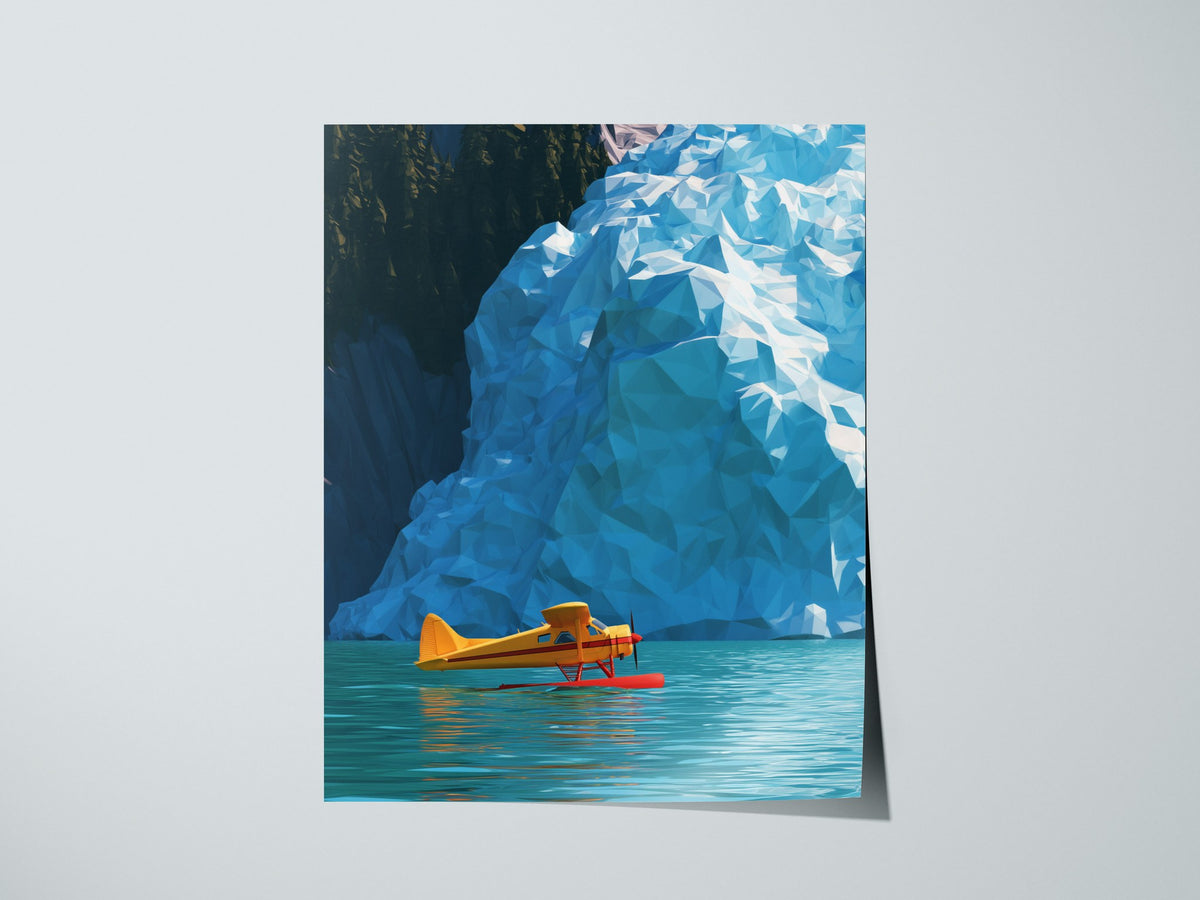 Seaplane Parks Glacier Bay Poster | Yellow and Turquoise Low Poly Art Print | Aviation Wall Art — print detail on fine art pa