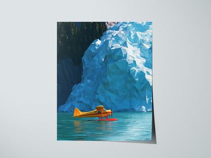 Seaplane Parks Glacier Bay Poster | Yellow and Turquoise Low Poly Art Print | Aviation Wall Art — print detail on fine art pa