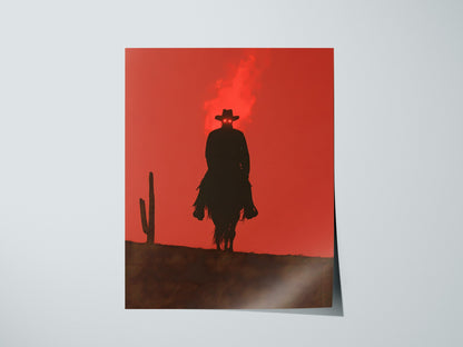 Burning Rider Poster | Coral and Slate Screen Print Art Print | Western Wall Art — print detail on fine art paper