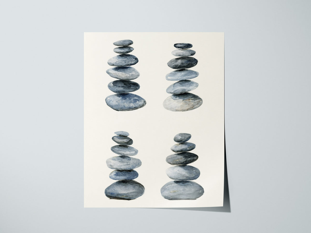 Four Stone Arrangements Poster | Gray and Blue-Gray Japanese Watercolor Art Print | Minimalist Wall Art — print detail on fin