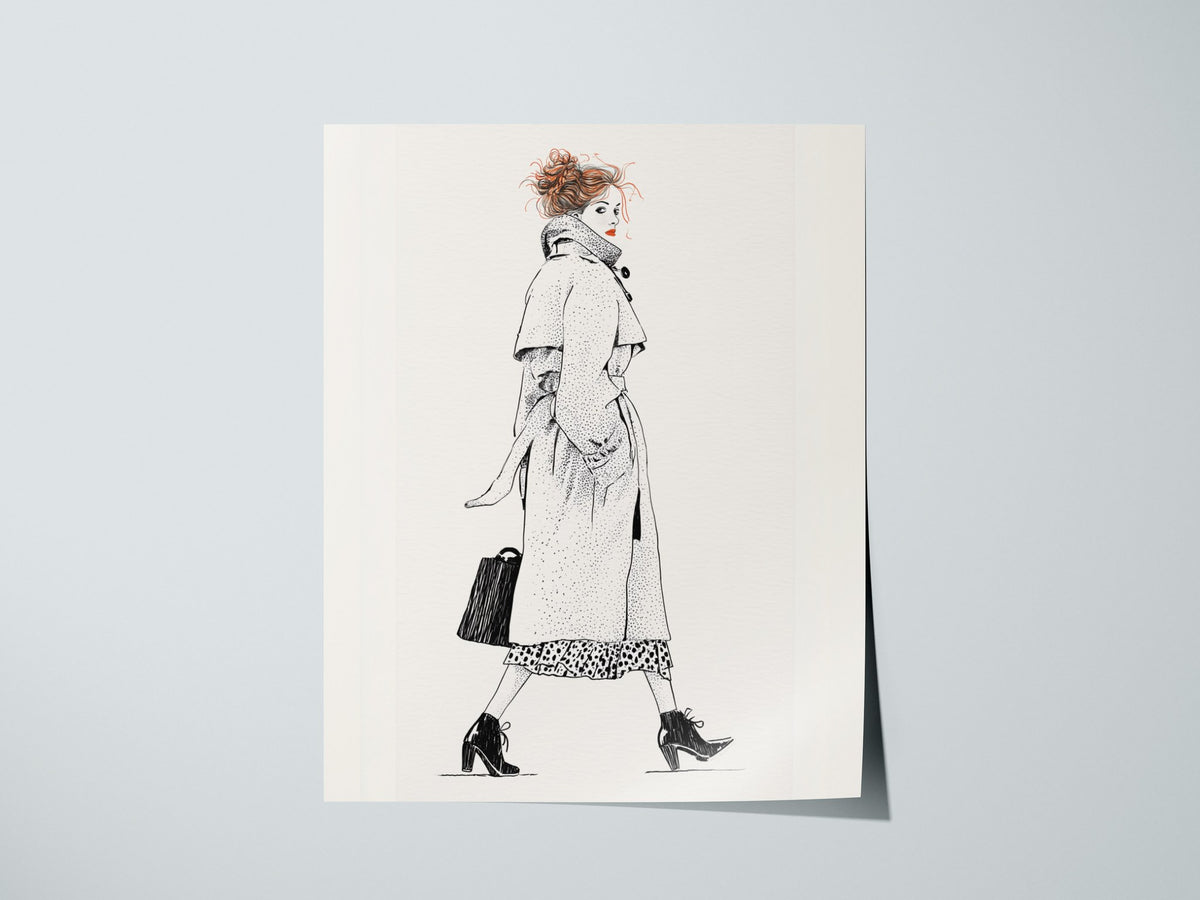 Woman Glances Back Poster | Orange and Cream Pen and Ink Art Print | Fashion Illustration Wall Art — print detail on fine art