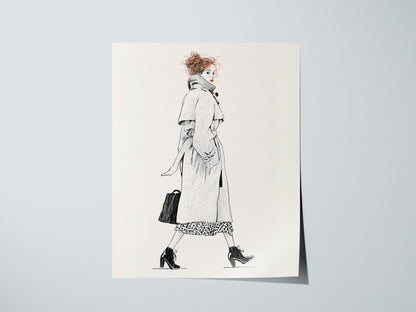 Woman Glances Back Poster | Orange and Cream Pen and Ink Art Print | Fashion Illustration Wall Art — print detail on fine art