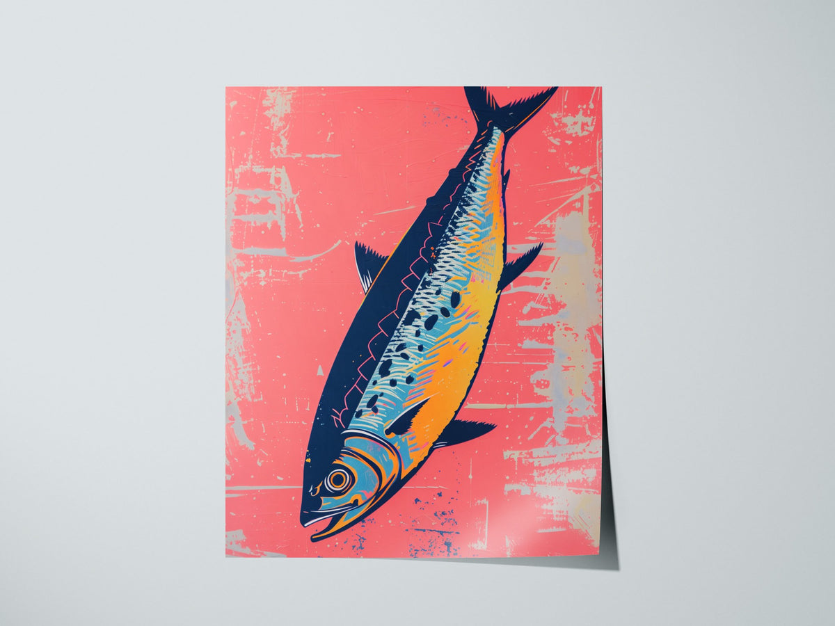 Sardine Tin on Pink Poster | Pink and Cobalt Screen Print Art Print | Kitchen Wall Art — print detail on fine art paper