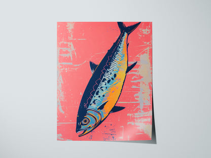 Sardine Tin on Pink Poster | Pink and Cobalt Screen Print Art Print | Kitchen Wall Art — print detail on fine art paper