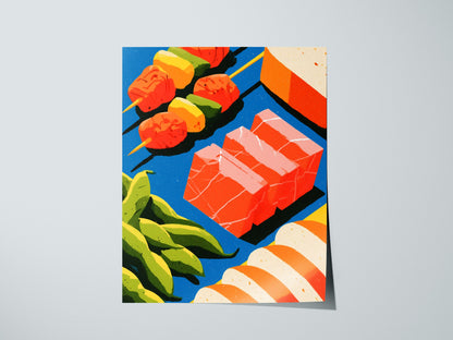 Japanese Seafood Still Life Poster | Cobalt and Coral Illustrative Art Print | Kitchen Wall Art — print detail on fine art pa