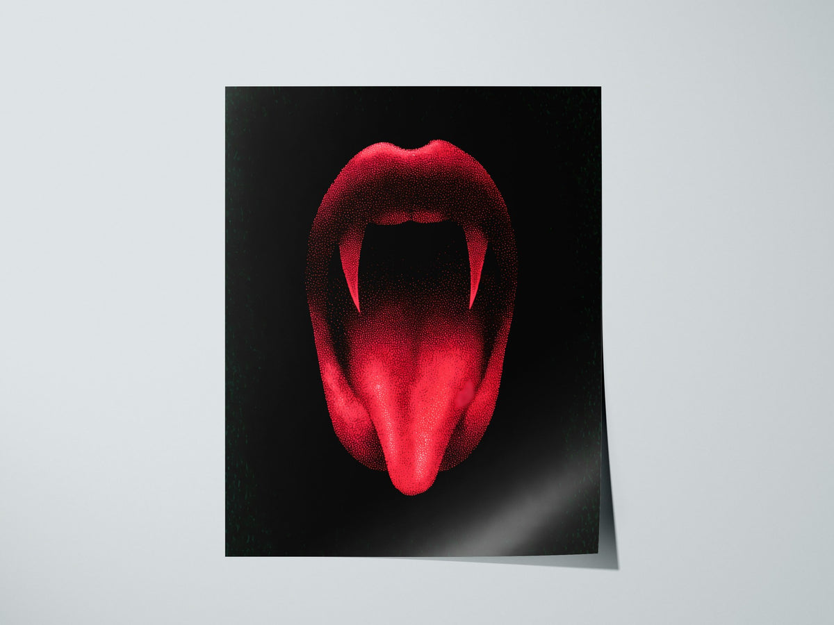 Vampire Smile Poster | Red and Black Pen and Ink Art Print | Goth Wall Art — print detail on fine art paper