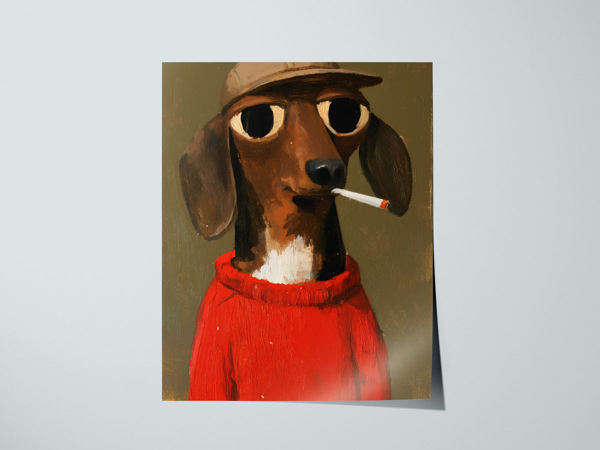 Dachshund In Red Poster | Red and Olive Oil Painting Art Print | Folk Art Wall Art — print detail on fine art paper