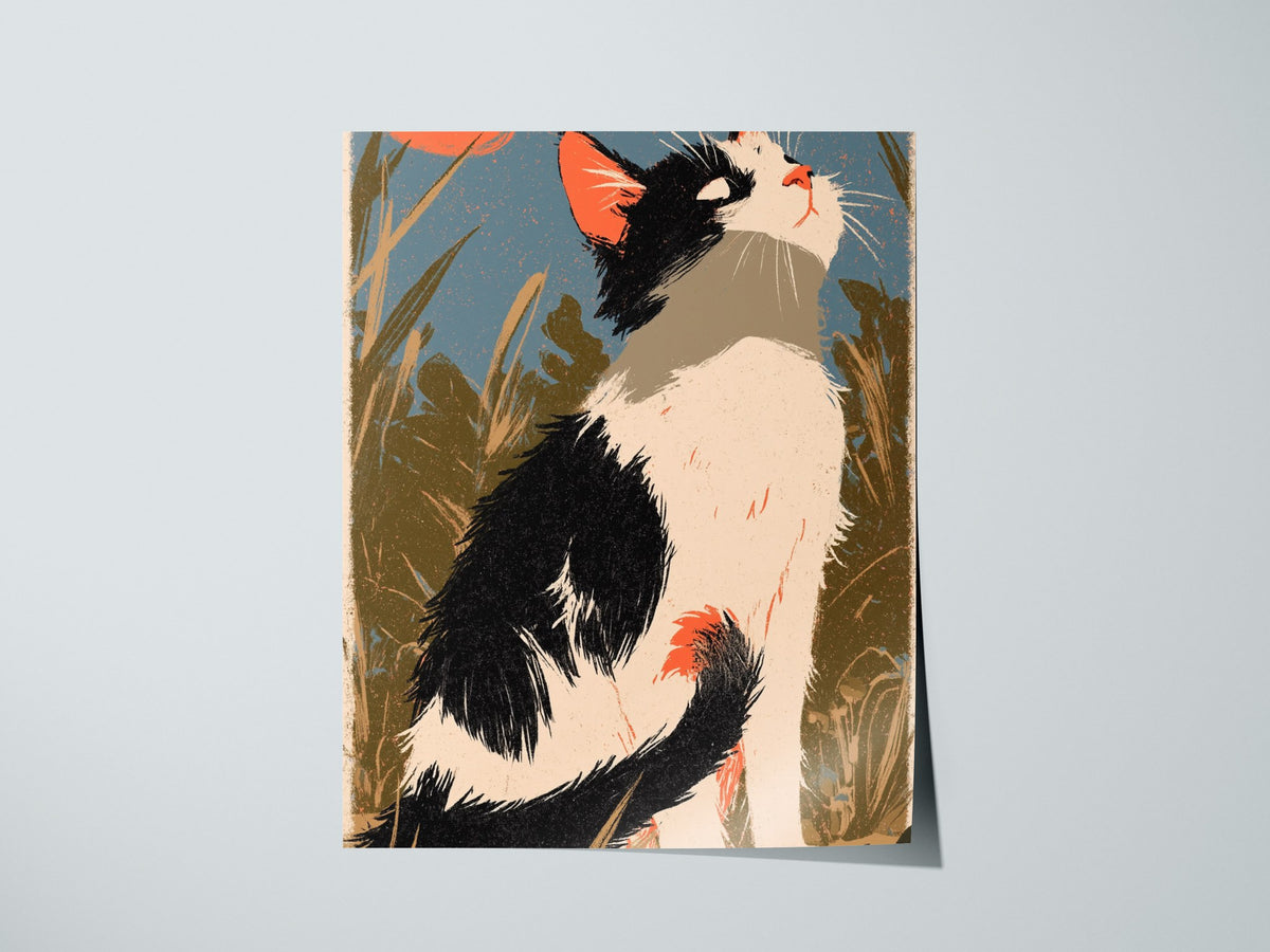 Cat Chasing Tail Poster | Cream and Coral Illustrative Art Print | Kids Room Wall Art — print detail on fine art paper