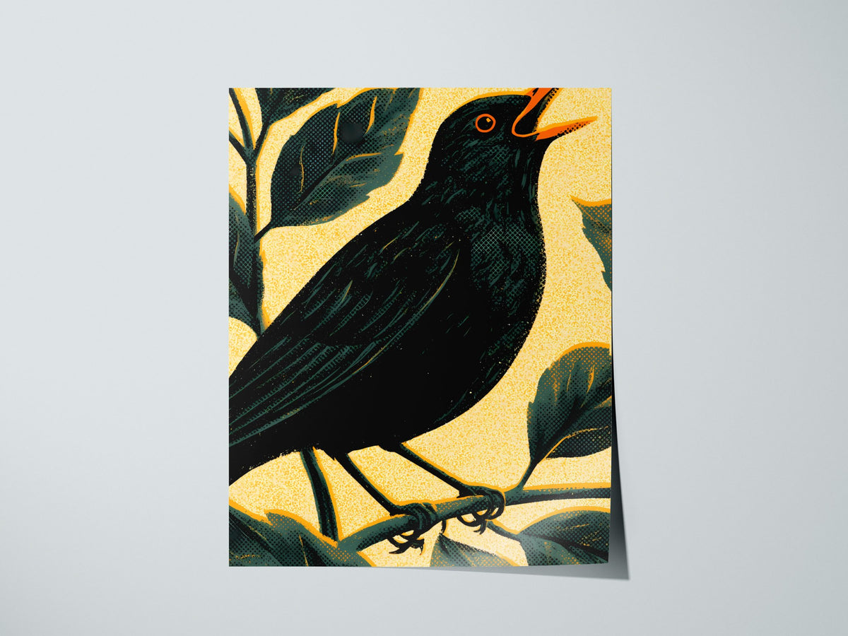 Blackbird in Gold Poster | Gold and Black Screen Print Art Print | British Garden Wall Art — print detail on fine art paper