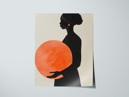 Woman with Orange Sphere Poster | Coral and Black Minimalism Art Print | Minimalist Wall Art — print detail on fine art paper