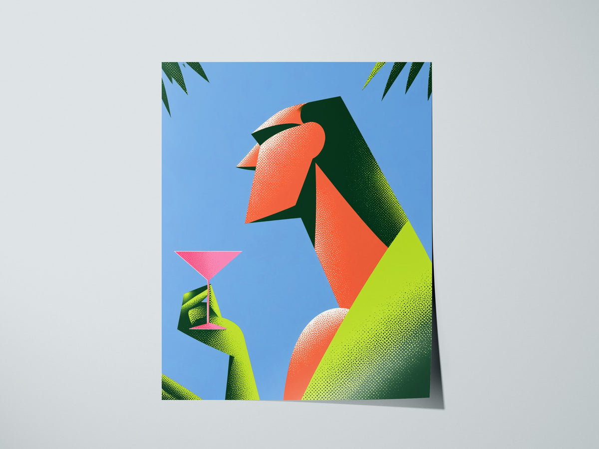 Modernist Sips Pink Poster | Pink and Periwinkle Screen Print Art Print | Art Deco Wall Art — print detail on fine art paper