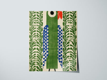 parrot-in-green Poster | Emerald and Jade Flat Design Art Print | Modern Minimal Wall Art — print detail on fine art paper