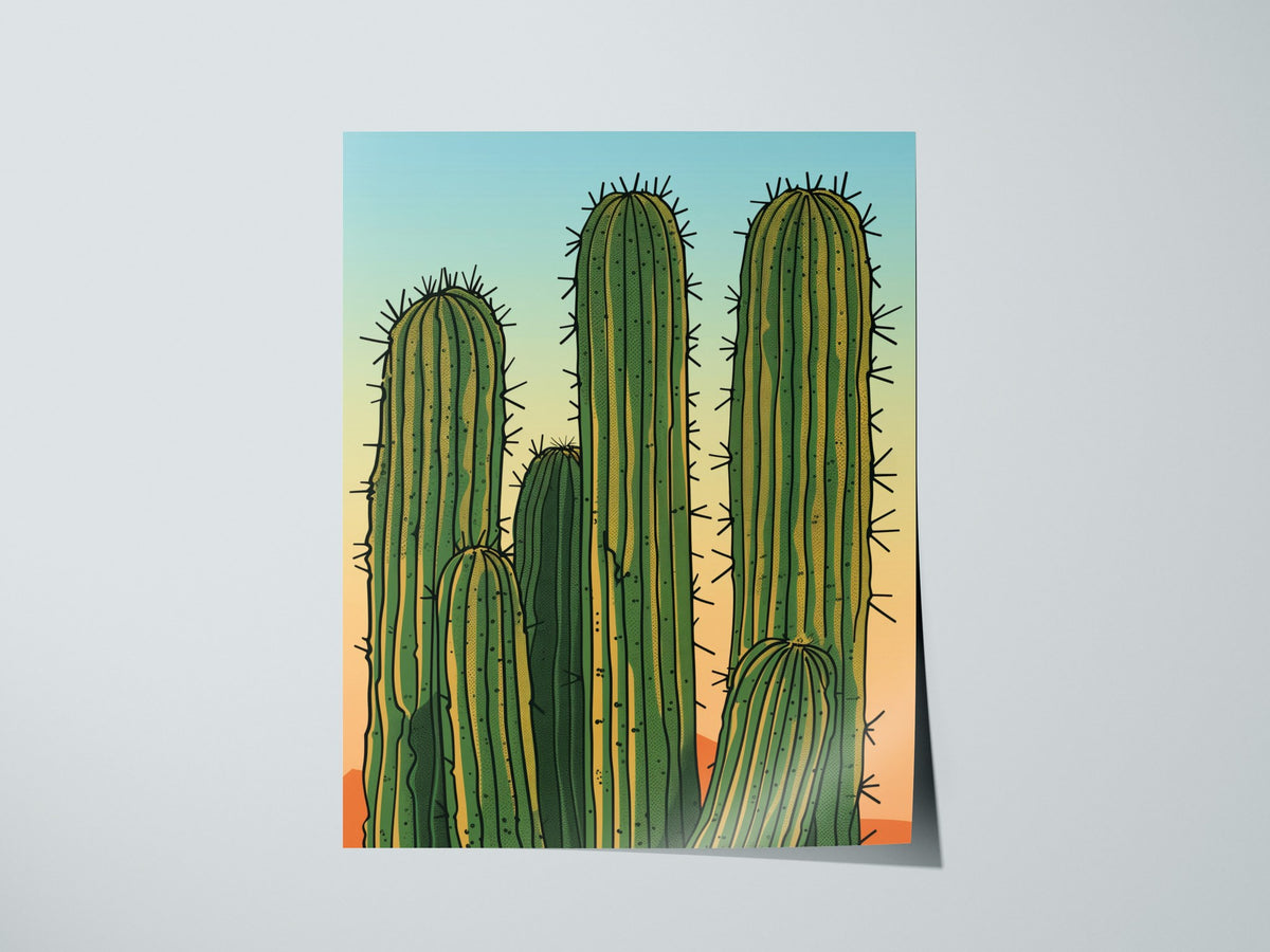Cactus Garden Poster | Green and Coral Japanese Woodblock Art Print | Southwestern Wall Art — print detail on fine art paper