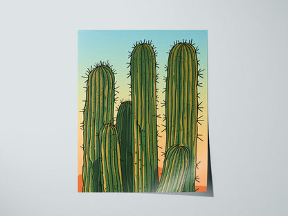 Cactus Garden Poster | Green and Coral Japanese Woodblock Art Print | Southwestern Wall Art — print detail on fine art paper