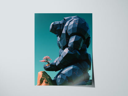 Golem Tends Blossom Poster | Navy and Teal Low Poly Art Print | Sci-Fi Wall Art — print detail on fine art paper