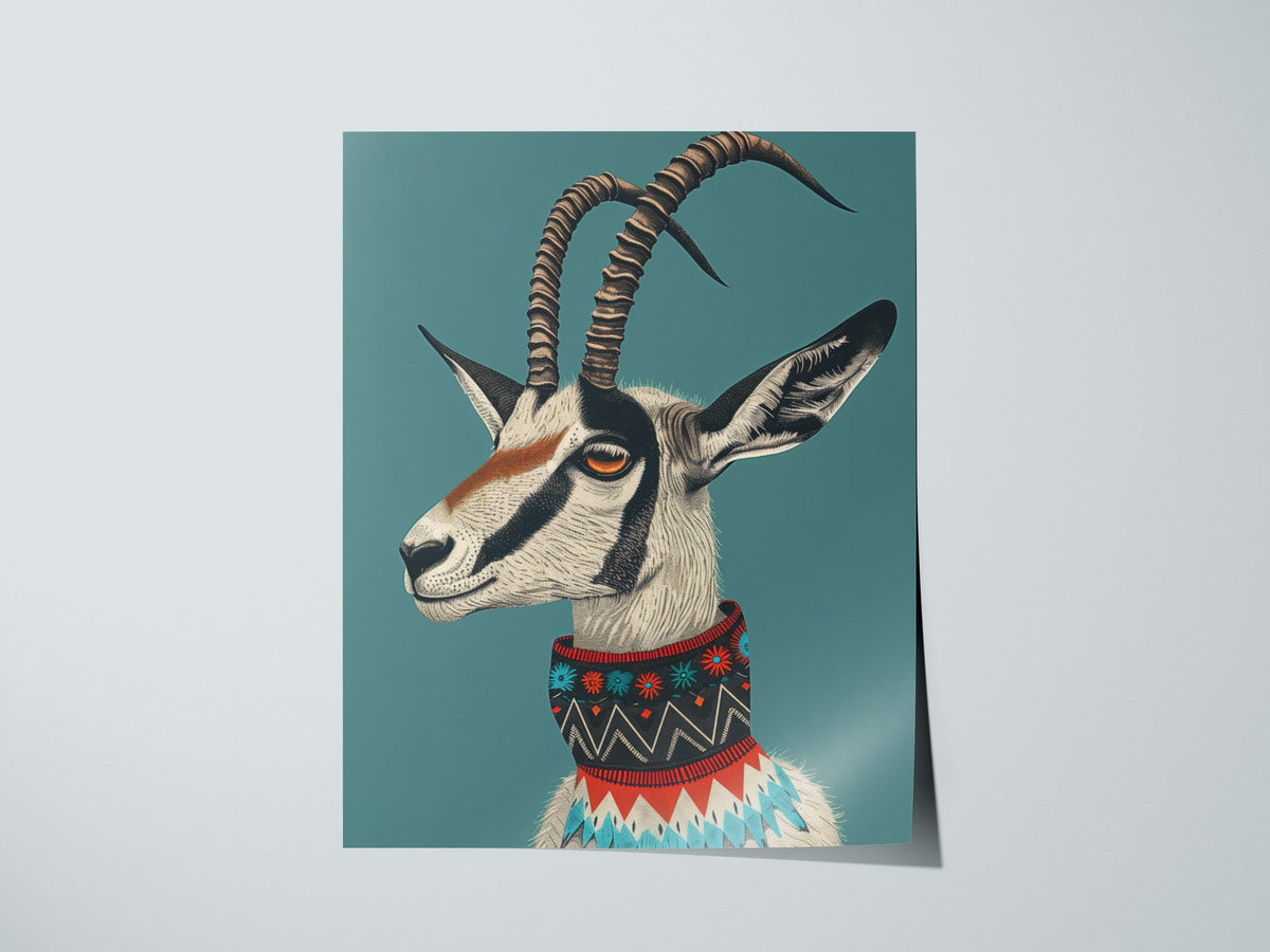 Gazelle Wears Collar Poster | Teal and Gray Illustrative Art Print | Modern Minimalist Wall Art — print detail on fine art pa