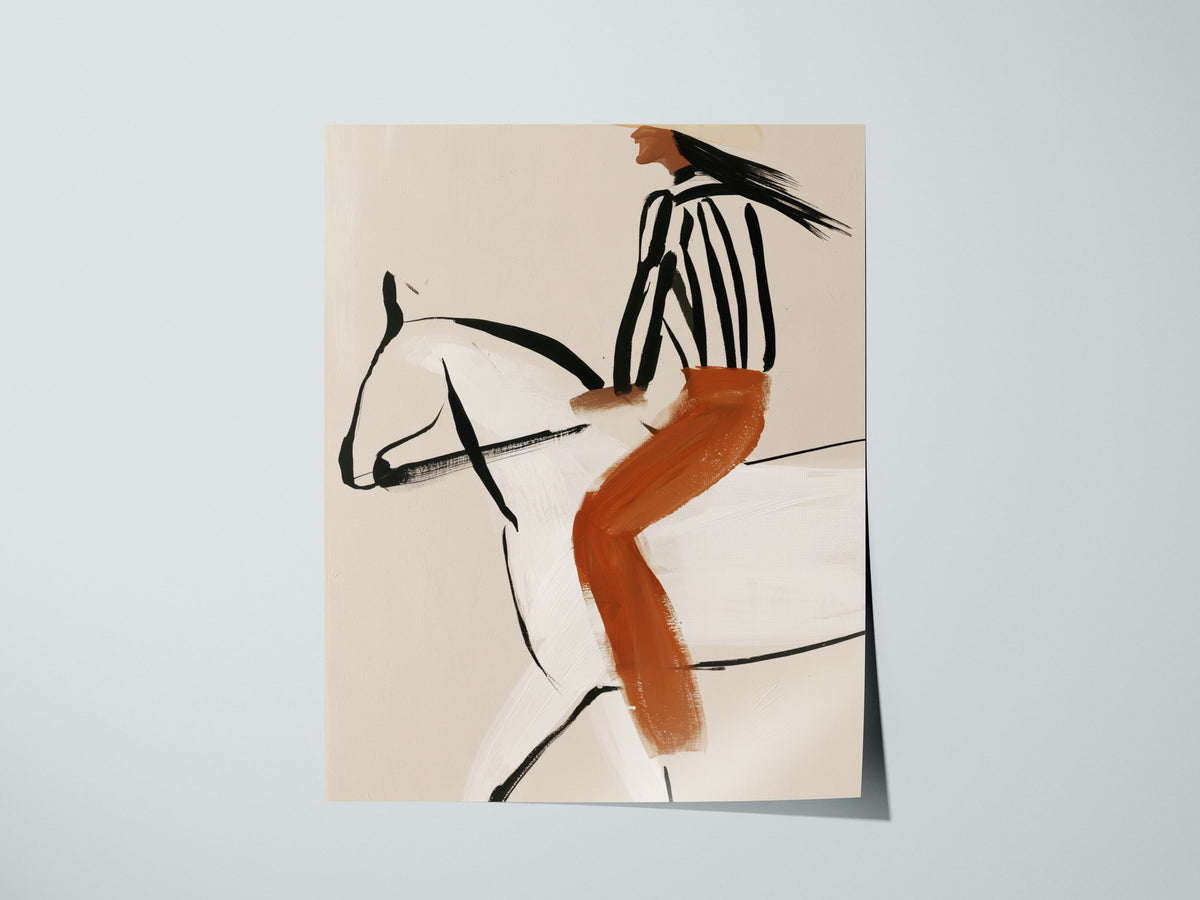 Rider Turns West Poster | Rust and Cream Illustrative Art Print | Western Wall Art — print detail on fine art paper