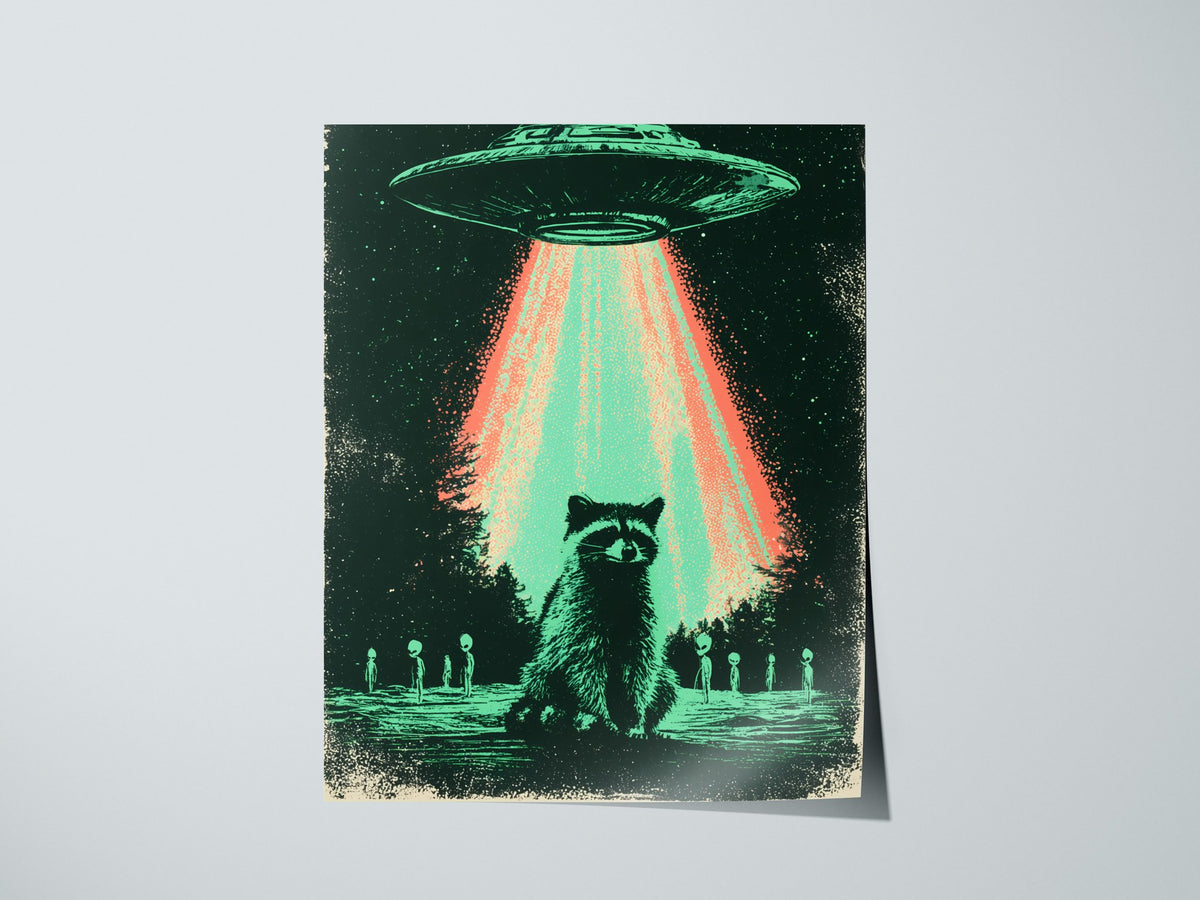 Raccoon Rules Stars Poster | Teal and Black Screen Print Art Print | Science Fiction Wall Art — print detail on fine art pape