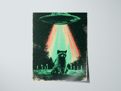 Raccoon Rules Stars Poster | Teal and Black Screen Print Art Print | Science Fiction Wall Art — print detail on fine art pape