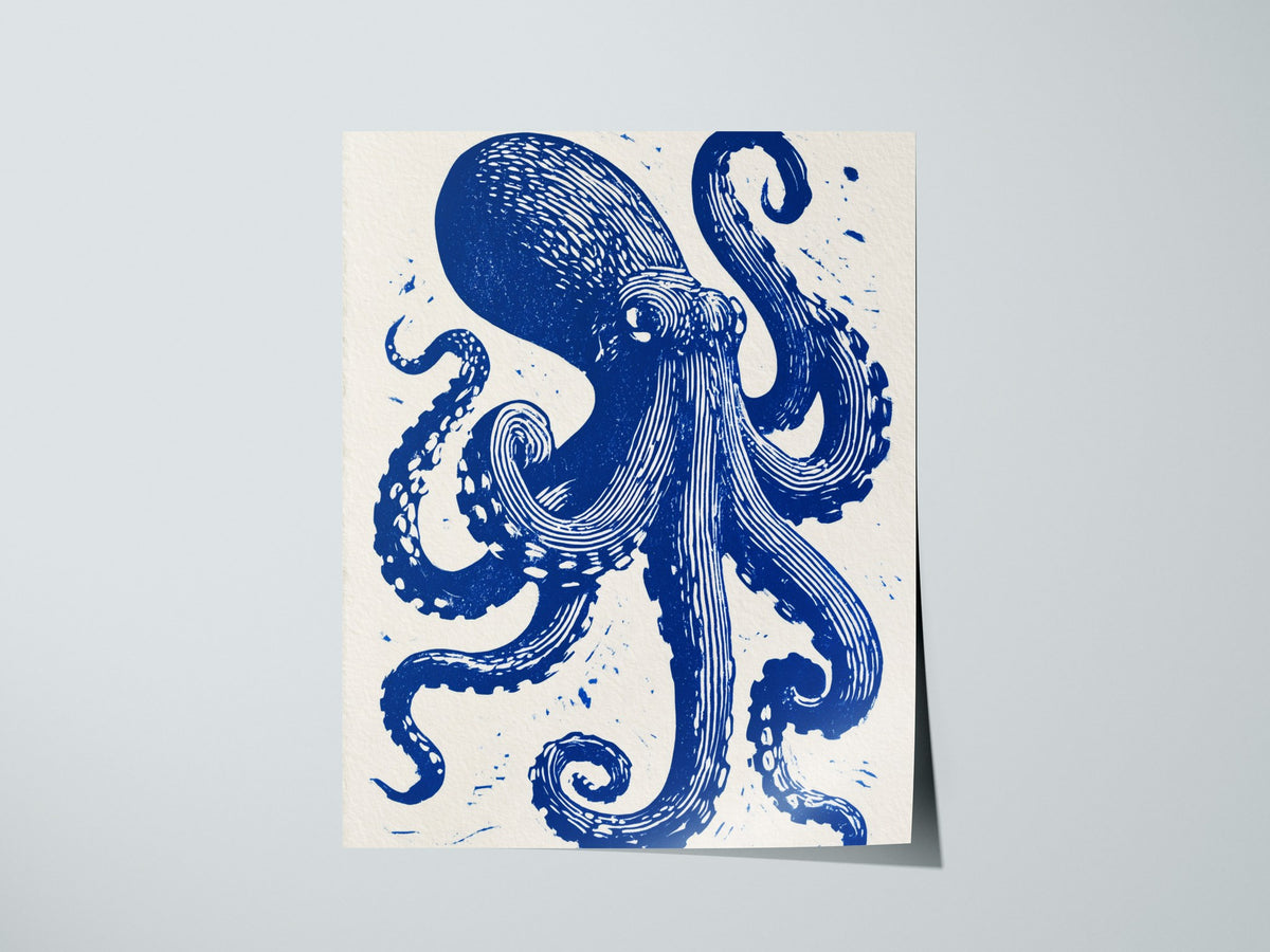 Octopus Unfurls Poster | Cobalt Blue Screen Print Art Print | Coastal Wall Art — print detail on fine art paper