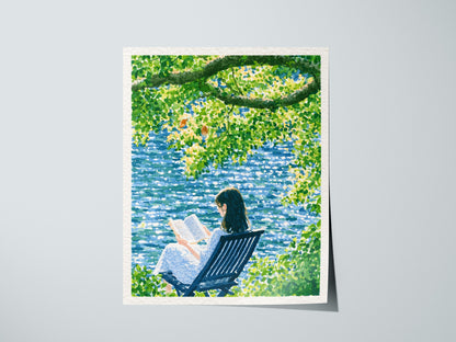 Reader by Water Poster | Blue and Yellow-Green Japanese Watercolor Art Print | Contemplative Readers Wall Art — print detail
