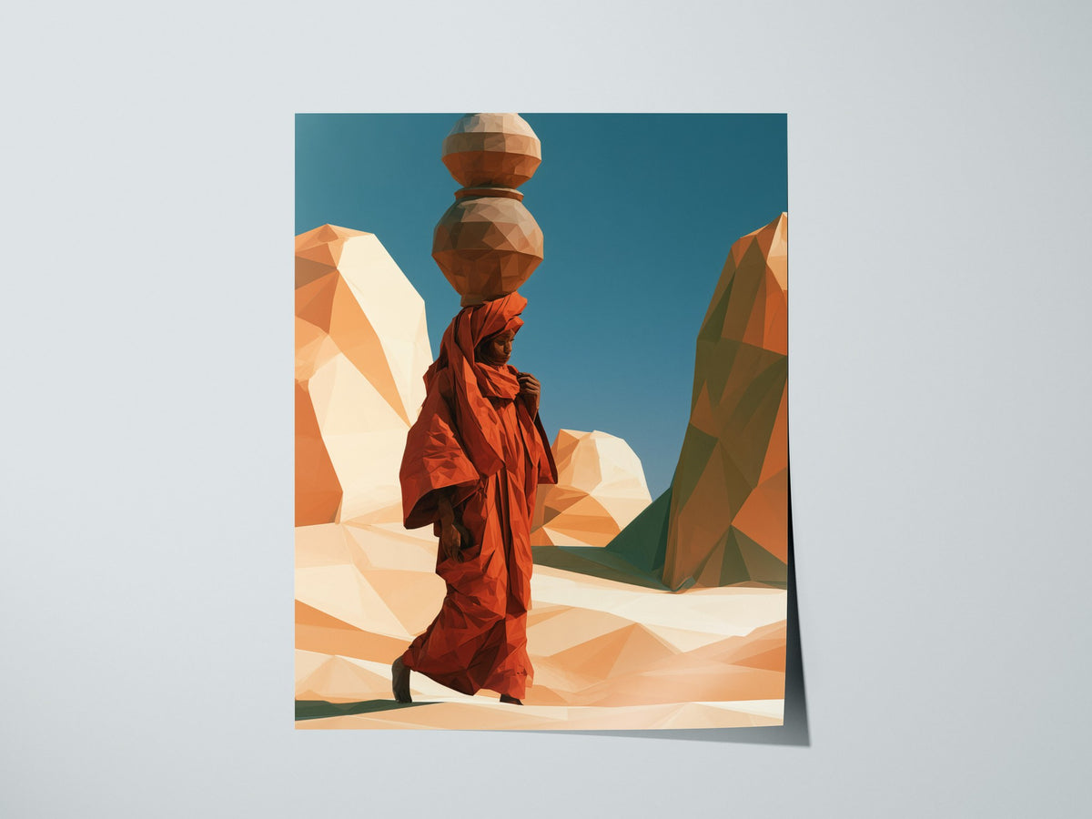 Merchant Carries Jars Poster | Ochre and Teal Low Poly Art Print | Minimalist Wall Art — print detail on fine art paper