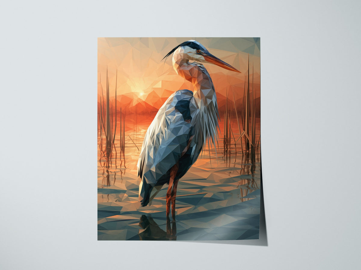 Heron Guards Dusk Poster | Slate and Burnt Low Poly Art Print | Minimalist Wall Art — print detail on fine art paper
