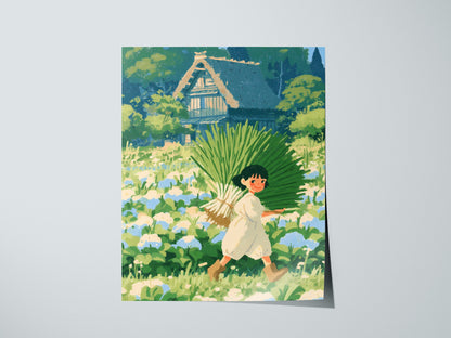 Harvest Walk Home Poster | Blue and Cream Illustrative Art Print | Cottagecore Wall Art — print detail on fine art paper