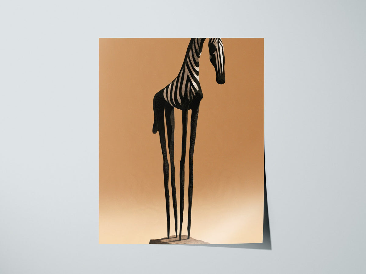 Iron Zebra Stands Poster | Black and Tan Illustrative Art Print | Minimalist Wall Art — print detail on fine art paper