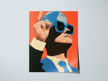 Globe Head Points Up Poster | Coral and Blue Screen Print Art Print | Contemporary Wall Art — print detail on fine art paper