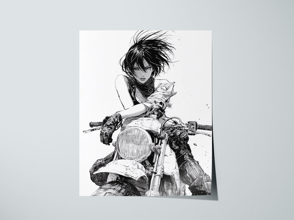 Rider Cuts Wind Poster | Black and White Pen and Ink Art Print | Moto Wall Art — print detail on fine art paper