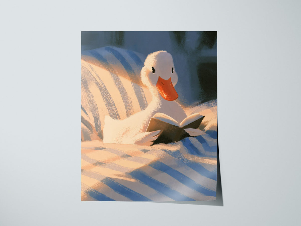 Duck Reads in Bed Poster | Soft Blue Illustrative Art Print | Kids Room Wall Art — print detail on fine art paper