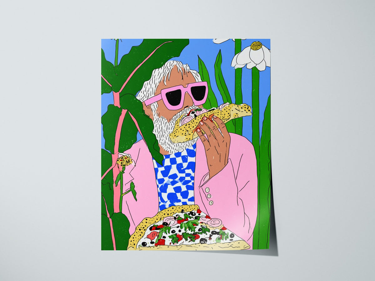 Pizza Garden Poster | Pink and Sky Illustrative Art Print | Surreal Kitchen Wall Art — print detail on fine art paper