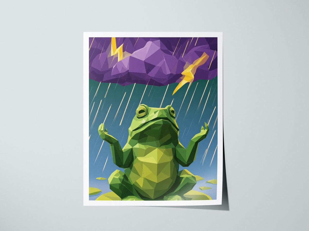 Toad Conducts Rain Poster | Green and Purple Low Poly Art Print | Kids Room Wall Art — print detail on fine art paper