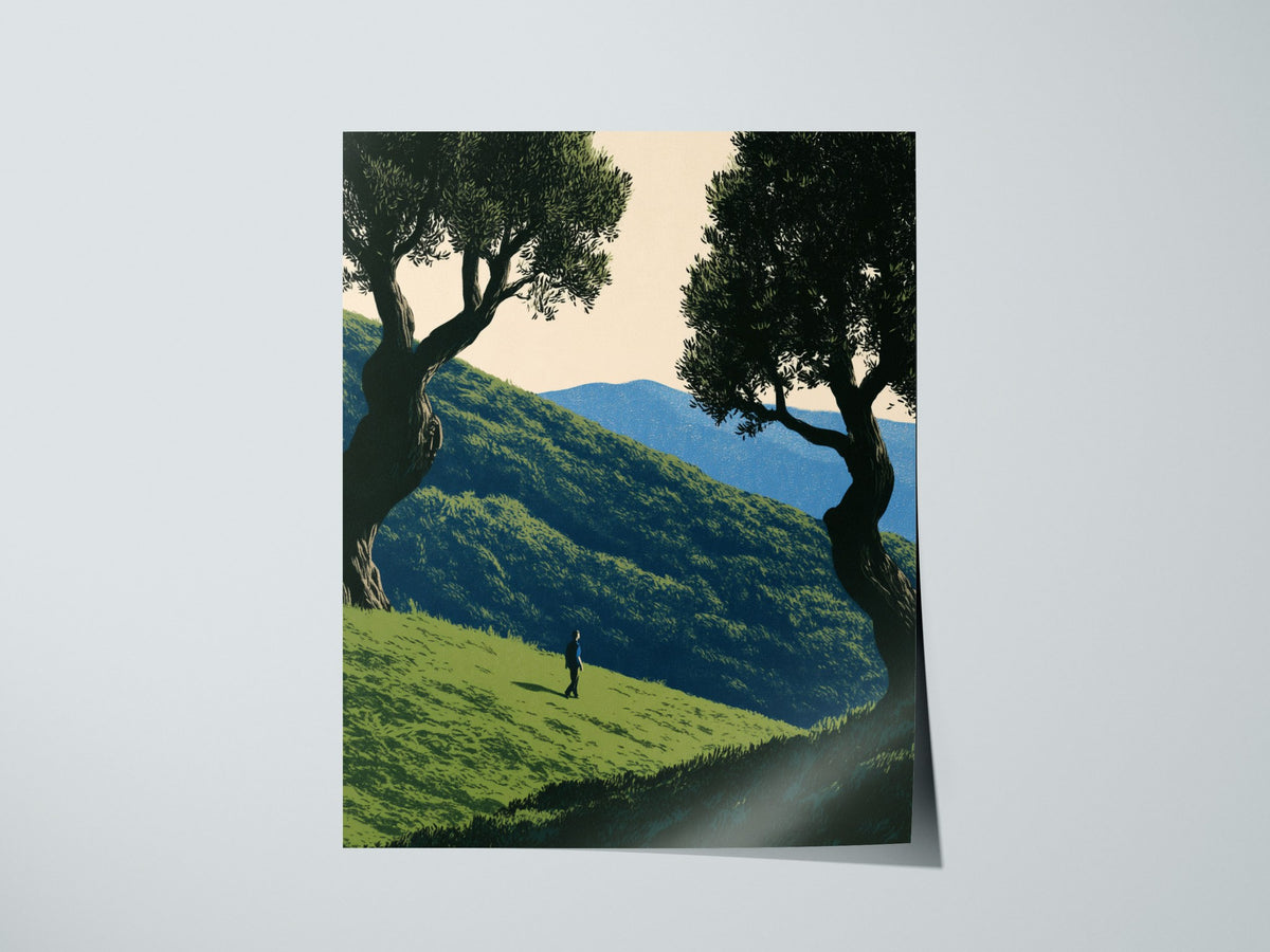 Child Climbs Green Slope Poster | Green and Sage Illustrative Art Print | Kids Room Wall Art — print detail on fine art paper